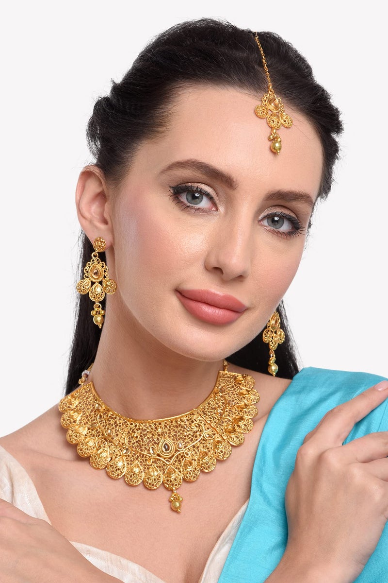 Efulgenz Indian Bridal Jewelry Set for Wedding Indian Gold Jewelry Traditional Bollywood Crystal Kundan Choker Necklace Earrings Maang Tikka - Image 3